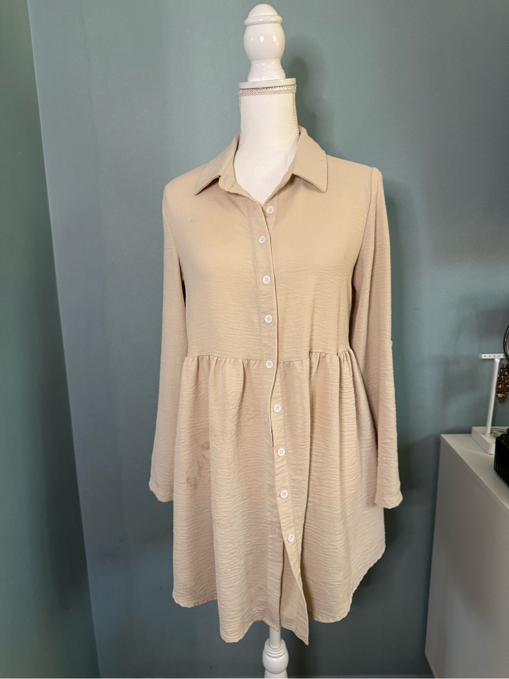 Shein Shirtdress Collared Beige Button-Front Women's Dress Small Office